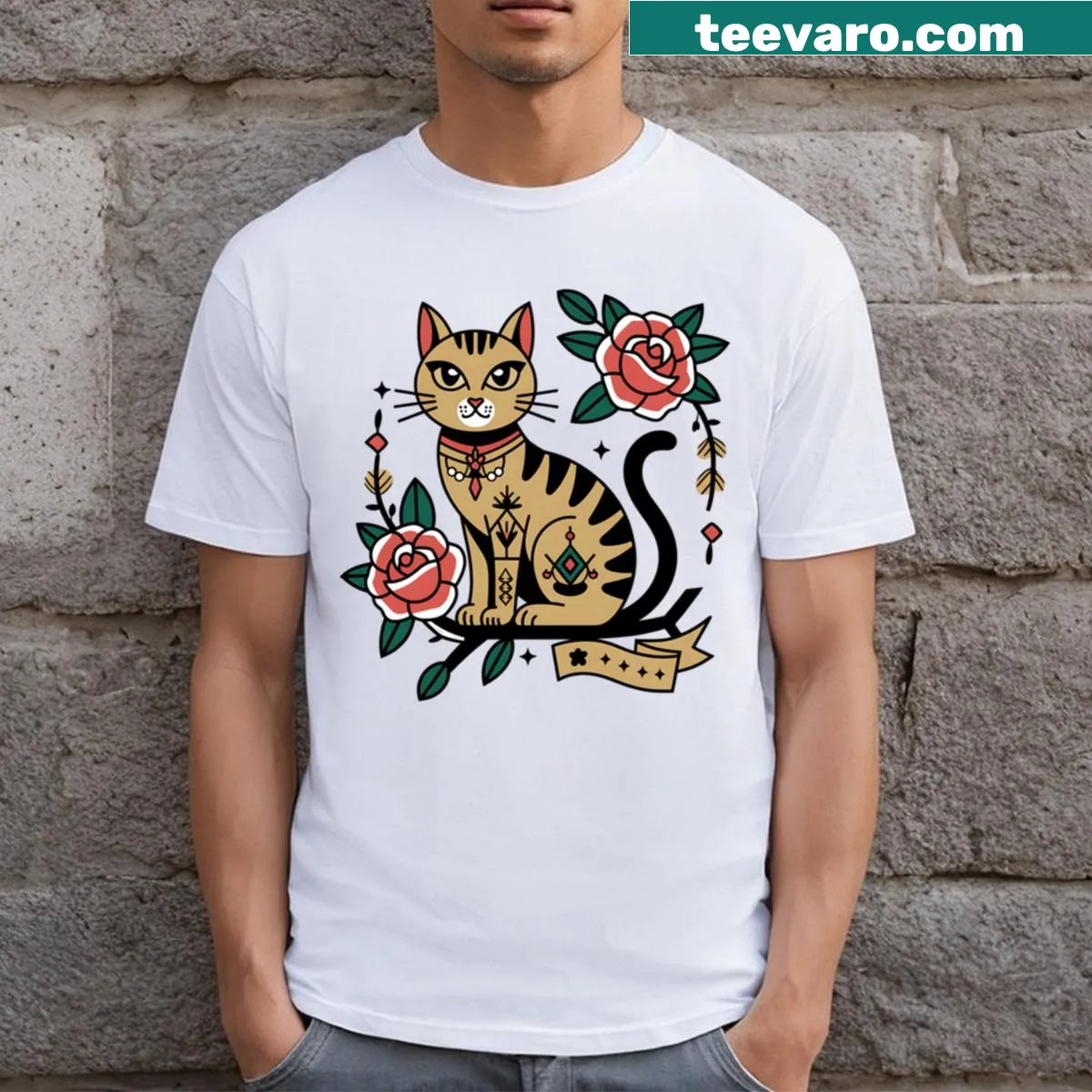Tattoo art t-shirt featuring a stylized cat design — on a men's t-shirt