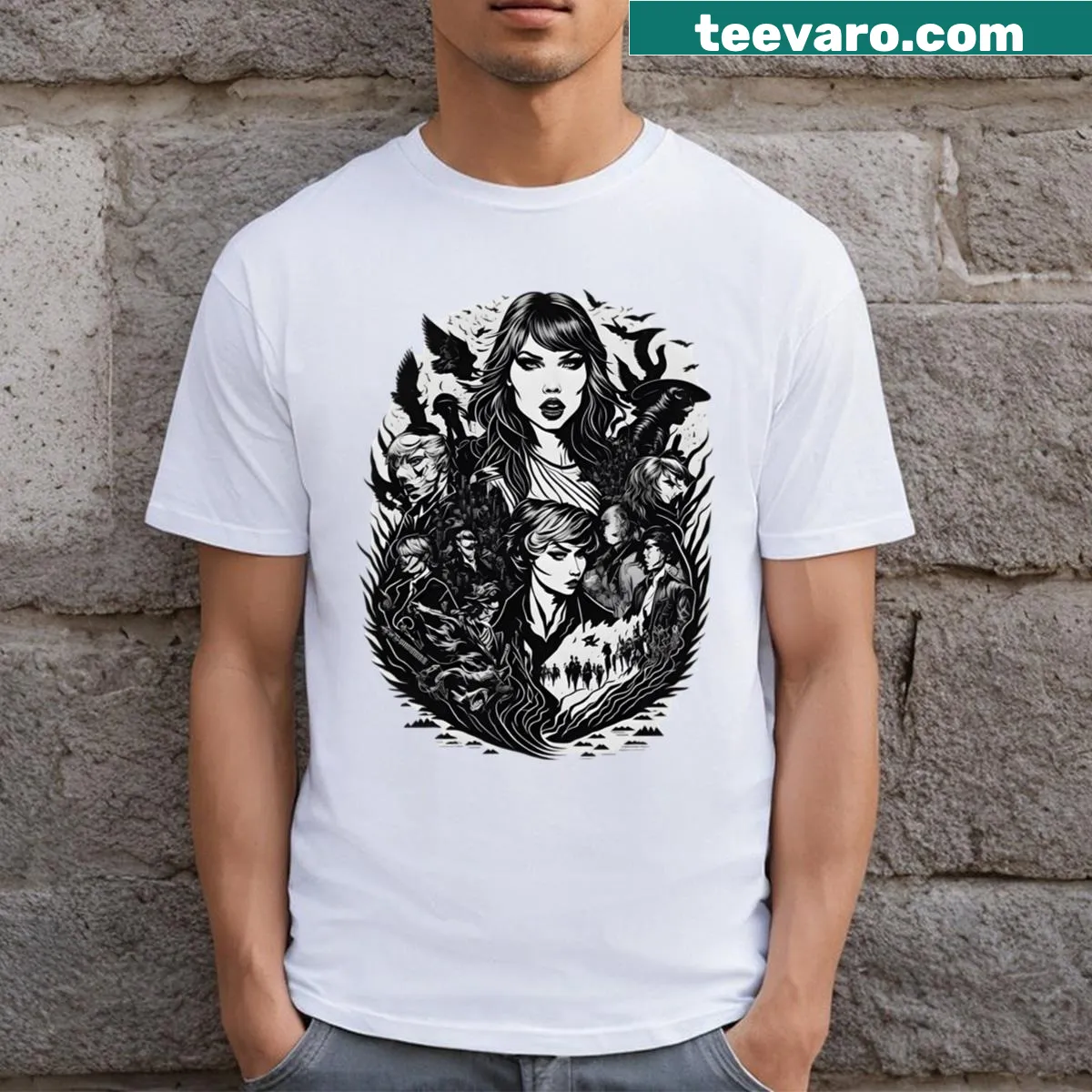 Visual journey t-shirt representing Taylor Swift's musical evolution — on a men's t-shirt