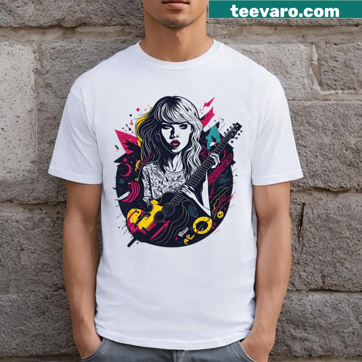 T-shirt featuring whimsical graphics about songwriting inspired by Taylor Swift — on a men's t-shirt