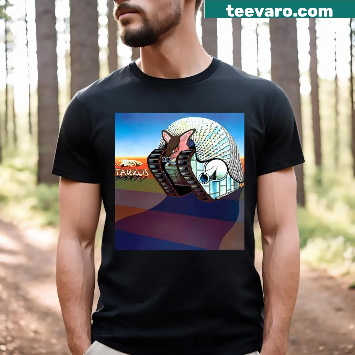 Rock band-themed t-shirt featuring Emerson, Lake & Palmer design — on a men's t-shirt