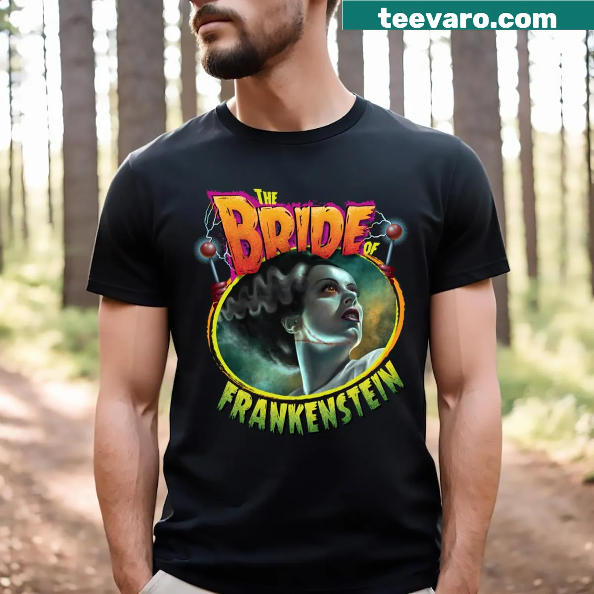 Illustration of the Bride of Frankenstein on a black t-shirt — on a men's t-shirt