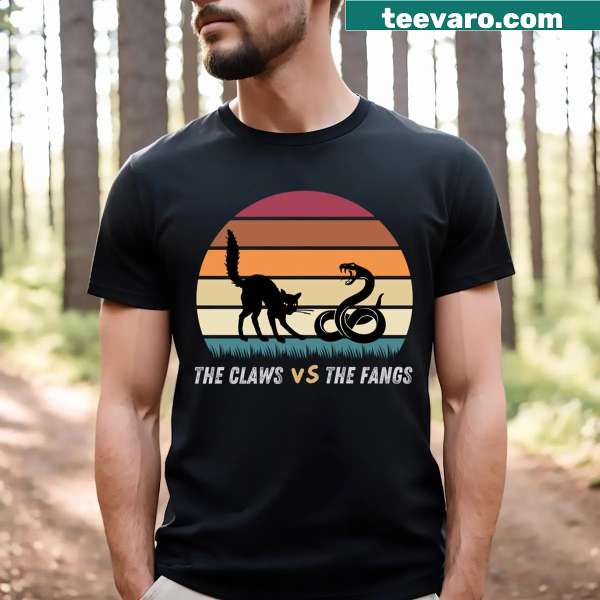Cartoon t-shirt depicting claws versus fangs in a fun design — on a men's t-shirt