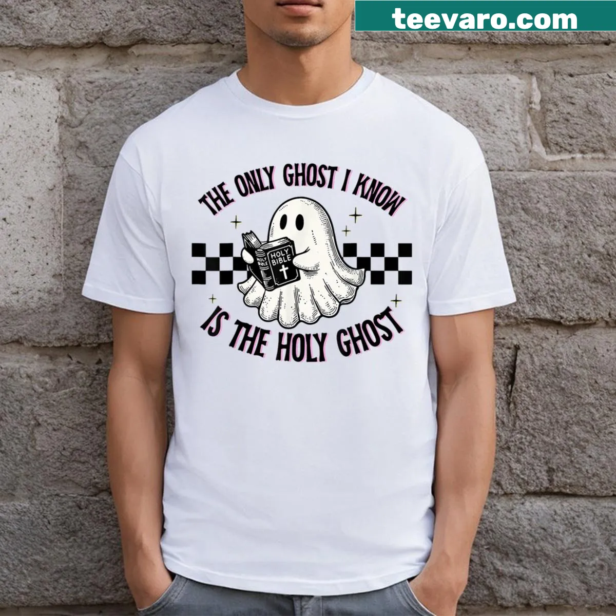Humorous religious T-shirt with the phrase about the Holy Ghost — on a men's t-shirt
