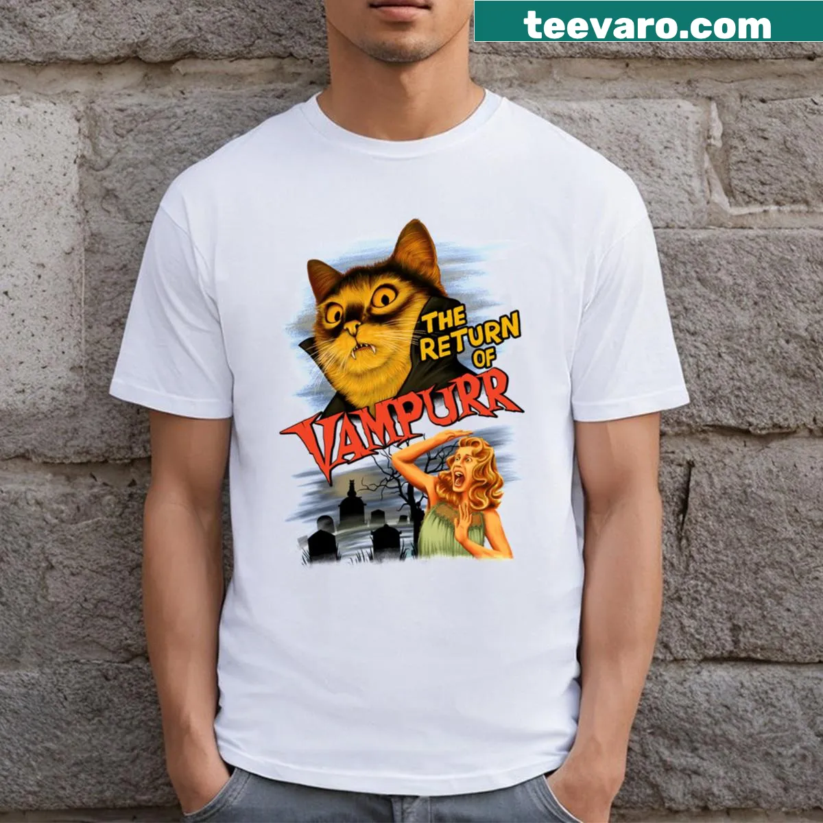 Playful T-shirt featuring a cartoon vampire cat in whimsical style — on a men's t-shirt