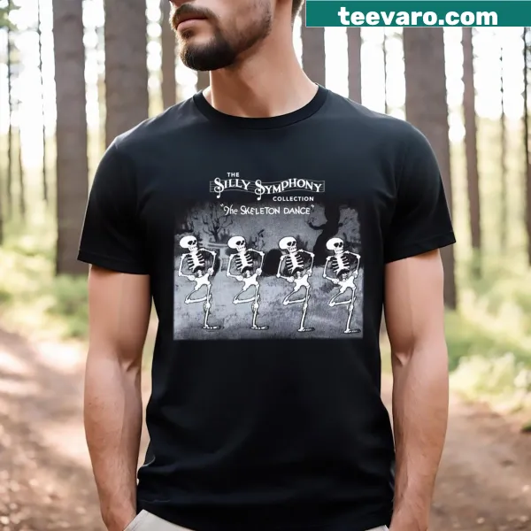 Playful skeletons dancing graphic on a t-shirt