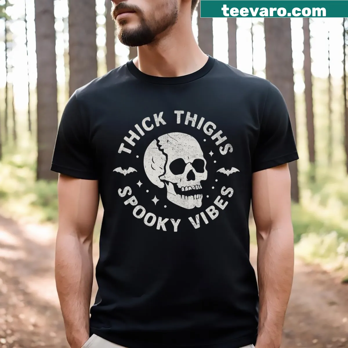 Funny Halloween T-shirt with a skull and the phrase 'Thick Thighs Spooky Vibes' — on a men's t-shirt