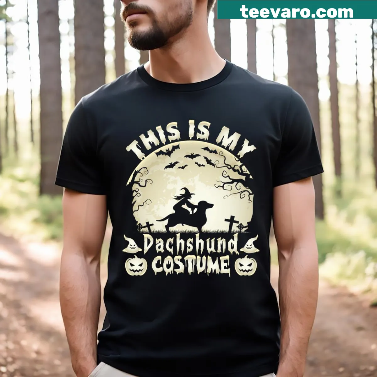 Dachshund costume Halloween T-shirt featuring an adorable dog illustration — on a men's t-shirt