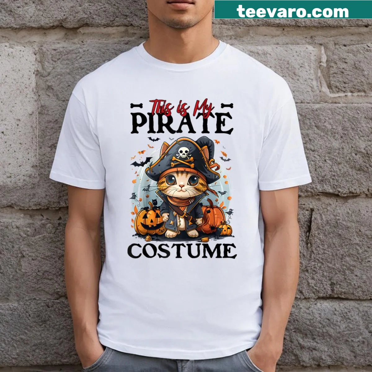 Cute pirate costume cat graphic on a baseball tee — on a men's t-shirt
