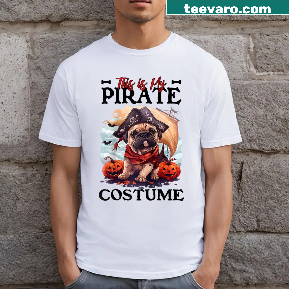 Mastiff dressed as a pirate on raglan Halloween tee — on a men's t-shirt