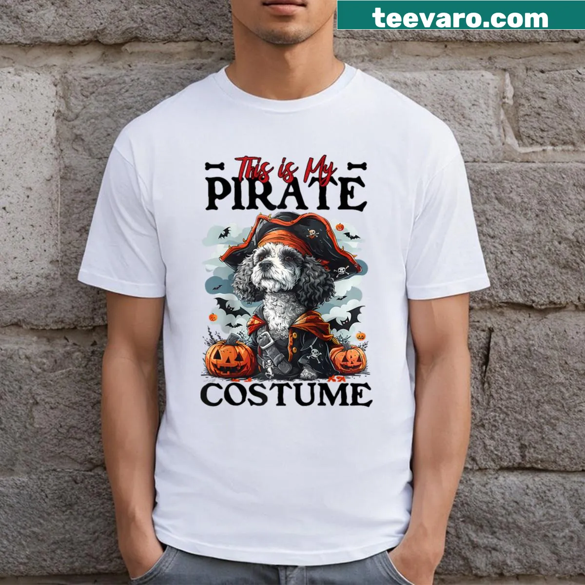 Poodle dressed as a pirate on raglan Halloween tee — on a men's t-shirt