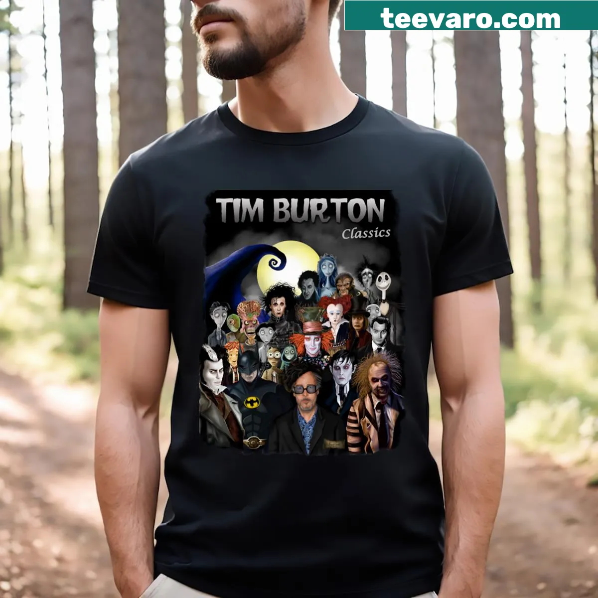 T-shirt inspired by Tim Burton's imaginative film style and characters — on a men's t-shirt