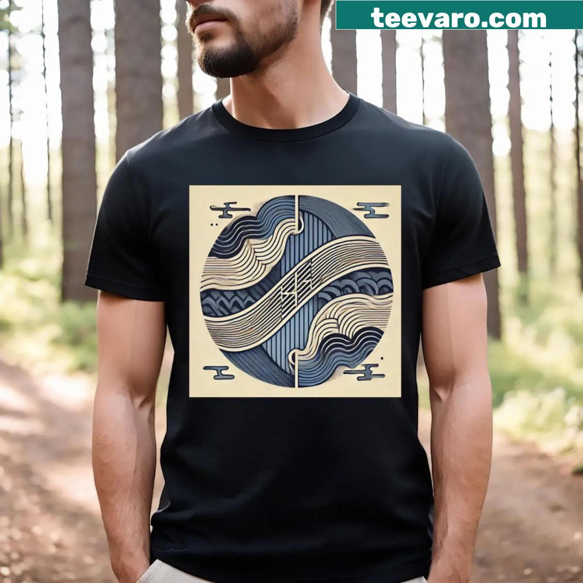 T-shirt with tribal Japanese wave design illustrating water and sea themes — on a men's t-shirt