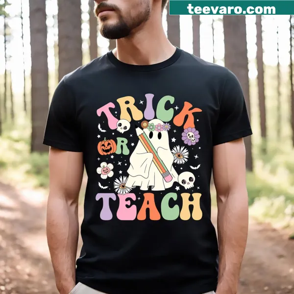 Cute ghost graphic with floral elements on a teacher T-shirt