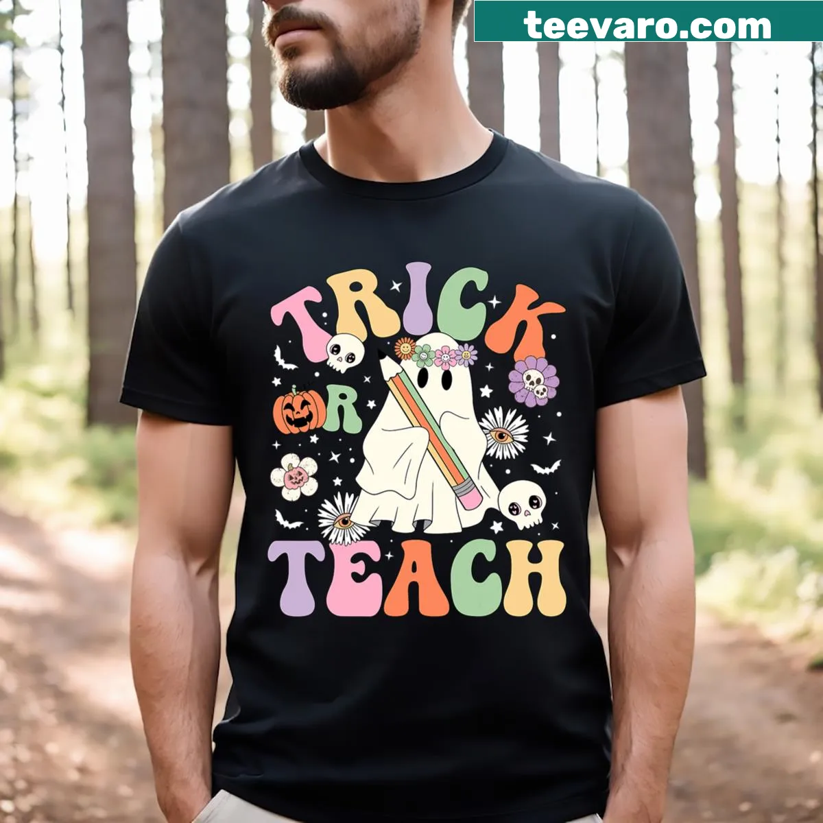 Cute ghost graphic with floral elements on a teacher T-shirt — on a men's t-shirt