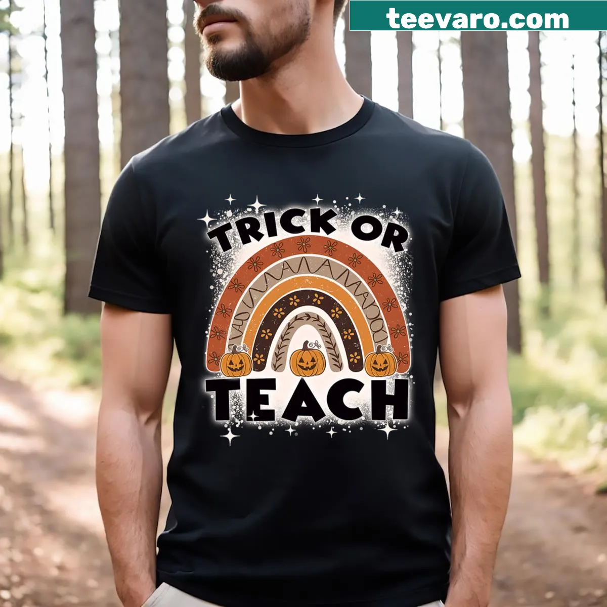 Vintage teacher T-shirt with pumpkins and 'Trick Or Teach' text — on a men's t-shirt