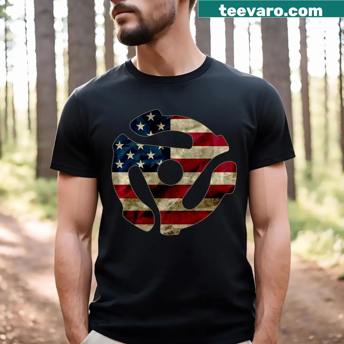 T-shirt with humorous Trump 45 record adapter graphic — on a men's t-shirt