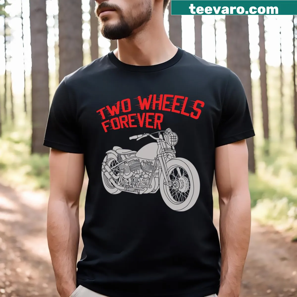 Motorcycle-themed T-shirt with 'Two Wheels Forever' text — on a men's t-shirt