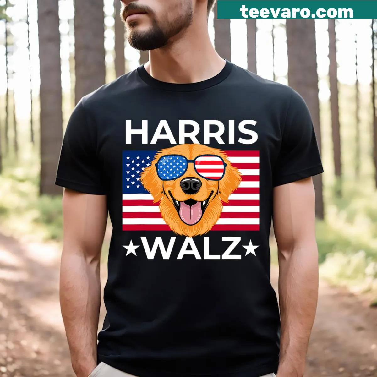 Golden retriever and USA flag graphic t-shirt for elections — on a men's t-shirt