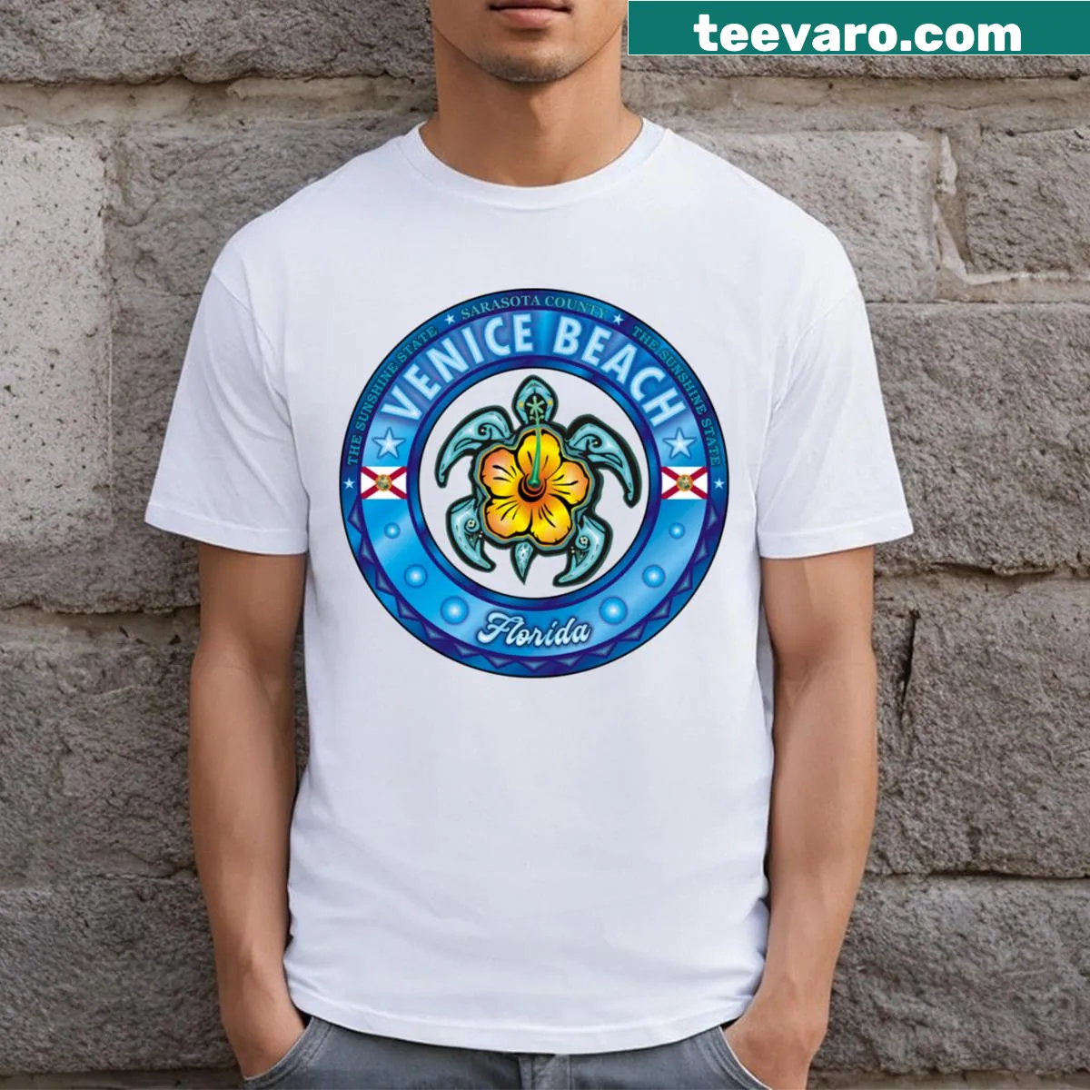Illustration of sea turtle with hibiscus flowers — on a men's t-shirt