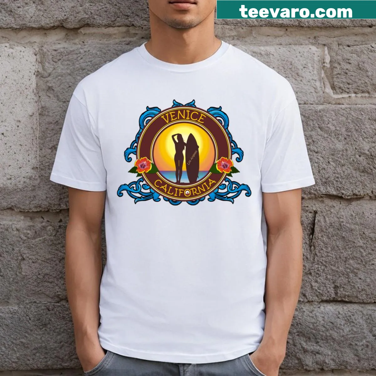 Illustration of a surfer girl riding waves on a T-shirt — on a men's t-shirt