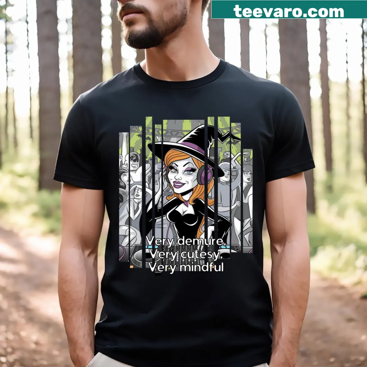Adorable Halloween T-shirt featuring a cartoon witch brewing potions — on a men's t-shirt