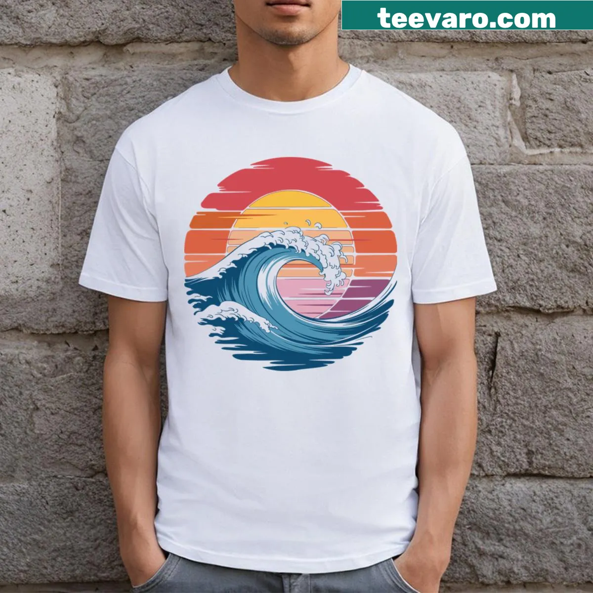 Ocean wave T-shirt featuring a sunrise illustration — on a men's t-shirt
