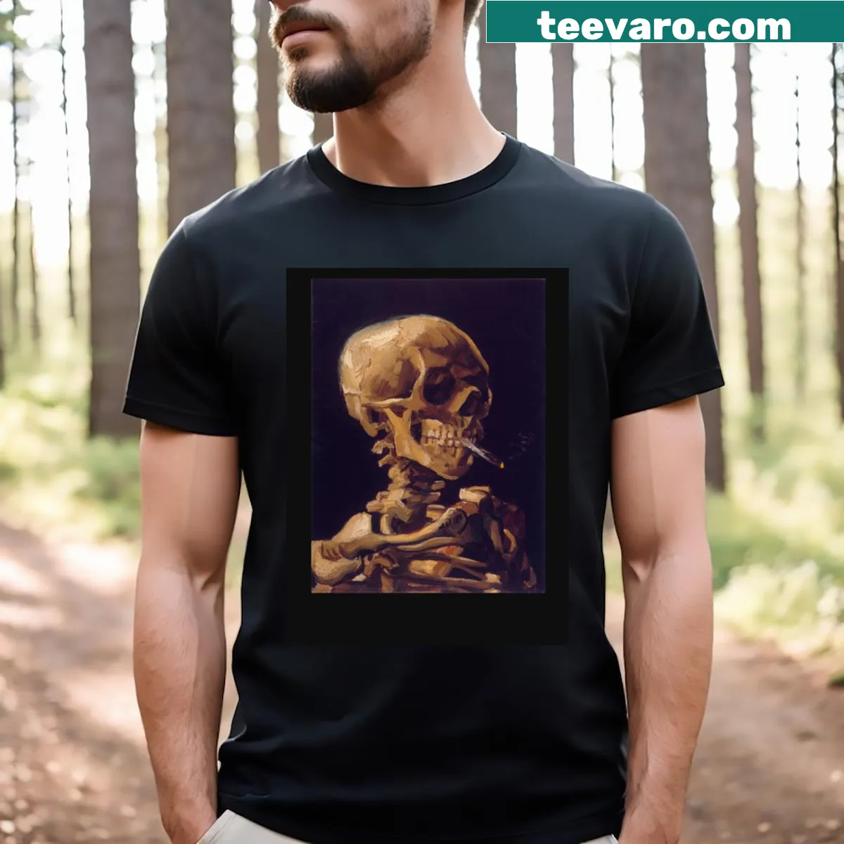 Skull with a burning cigarette illustration inspired by Van Gogh — on a men's t-shirt
