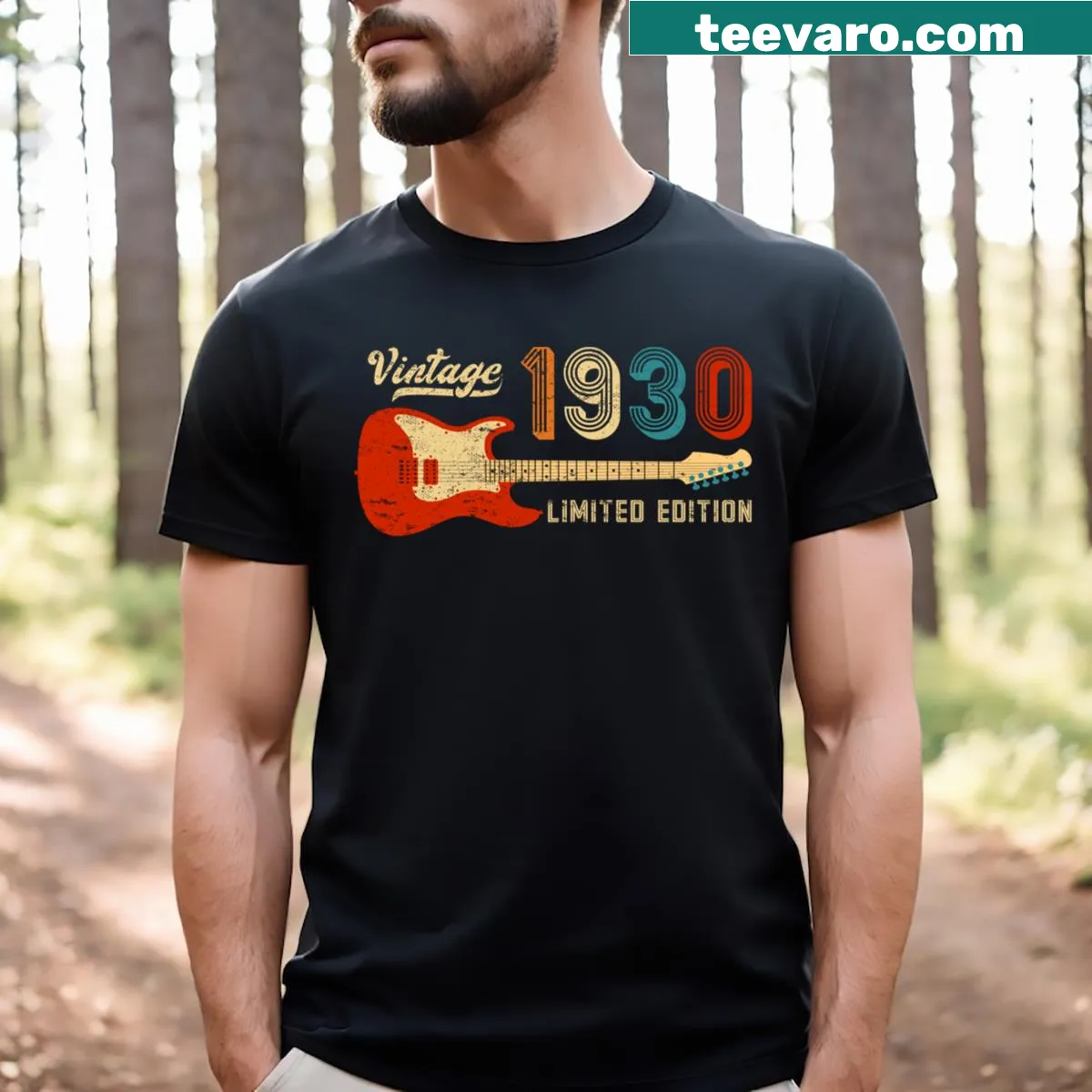 Vintage guitar T-shirt celebrating 1930s music culture — on a men's t-shirt