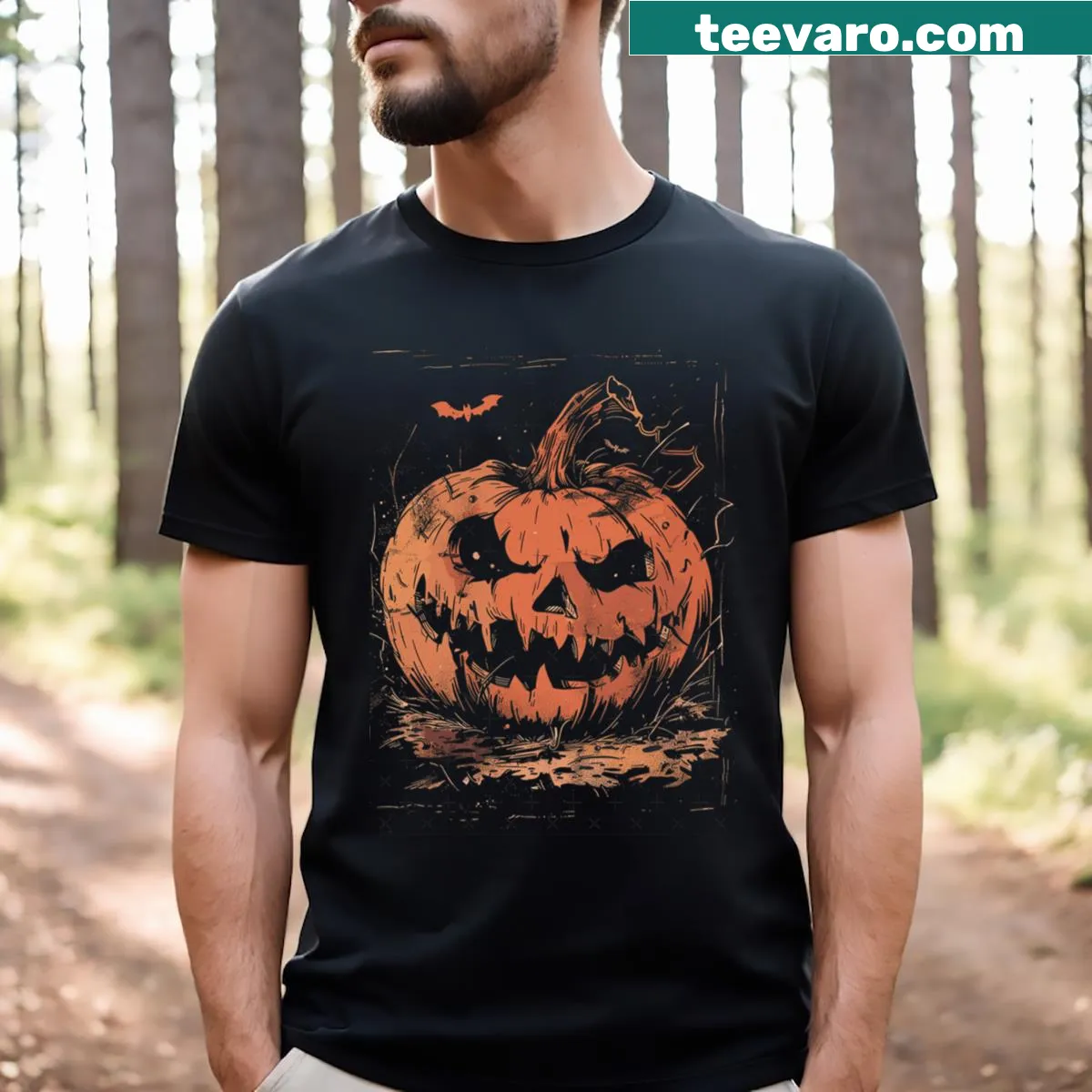 Vintage distressed pumpkin Halloween t-shirt with simple design — on a men's t-shirt