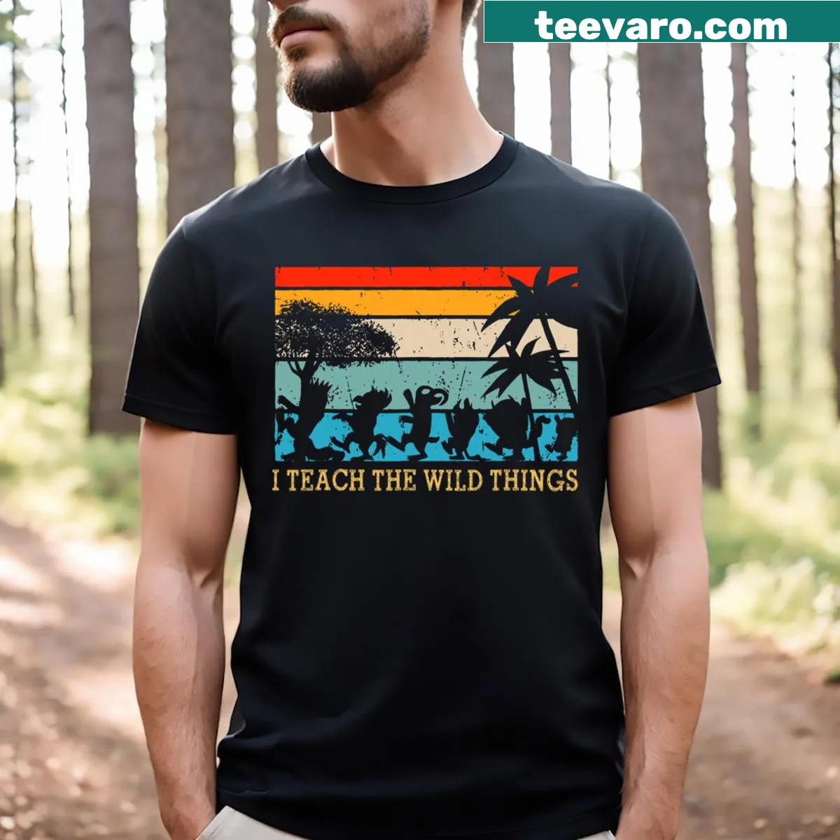 Retro t-shirt for teachers featuring 'I Teach The Wild Things' text — on a men's t-shirt