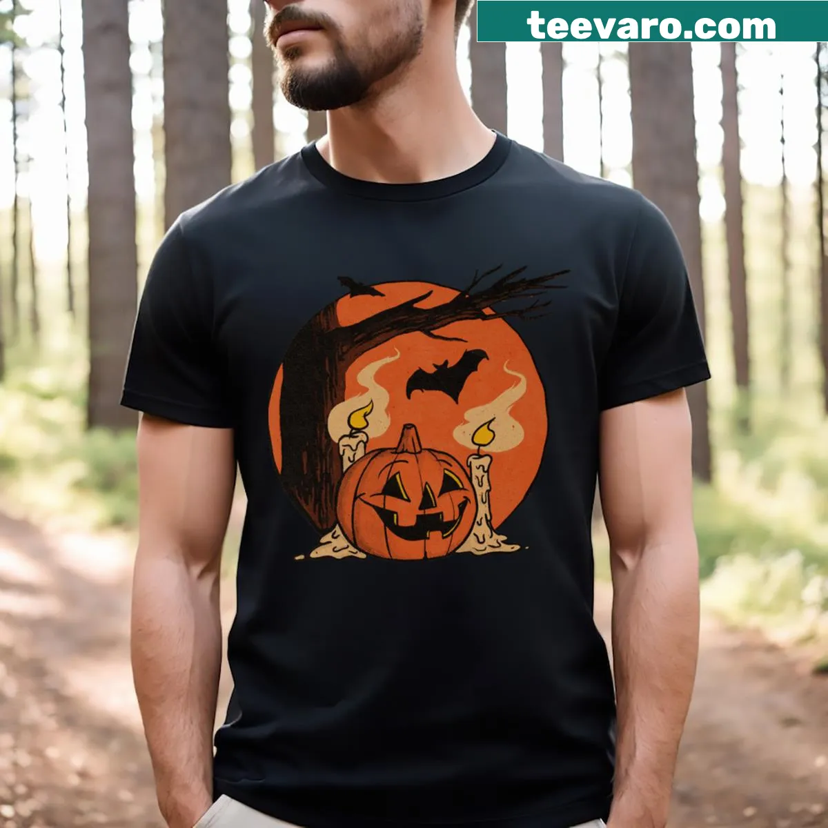 Vintage Halloween t-shirt featuring a cozy pumpkin scene — on a men's t-shirt