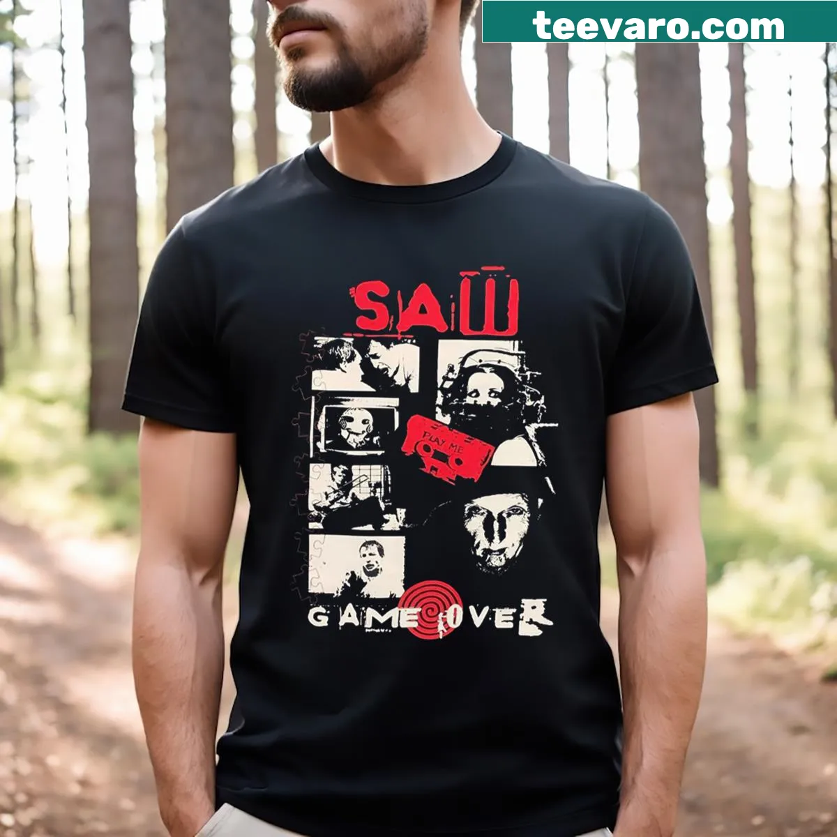 Vintage Saw Jigsaw Game Over graphic on a shirt — on a men's t-shirt