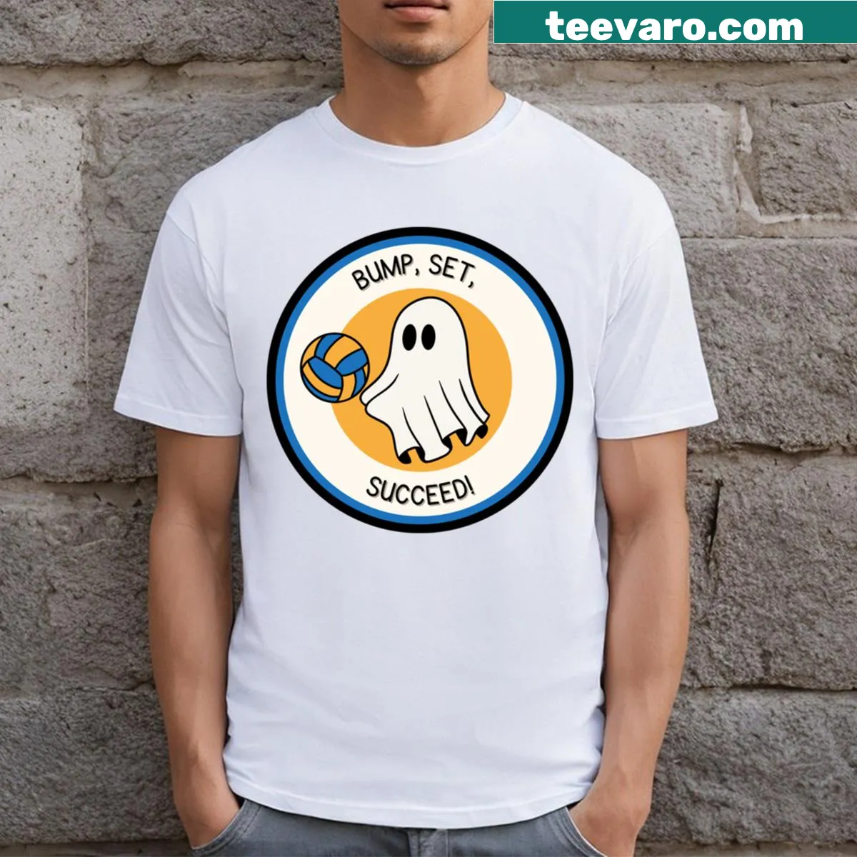 Illustrative volleyball T-shirt with a ghost promoting growth mindset — on a men's t-shirt
