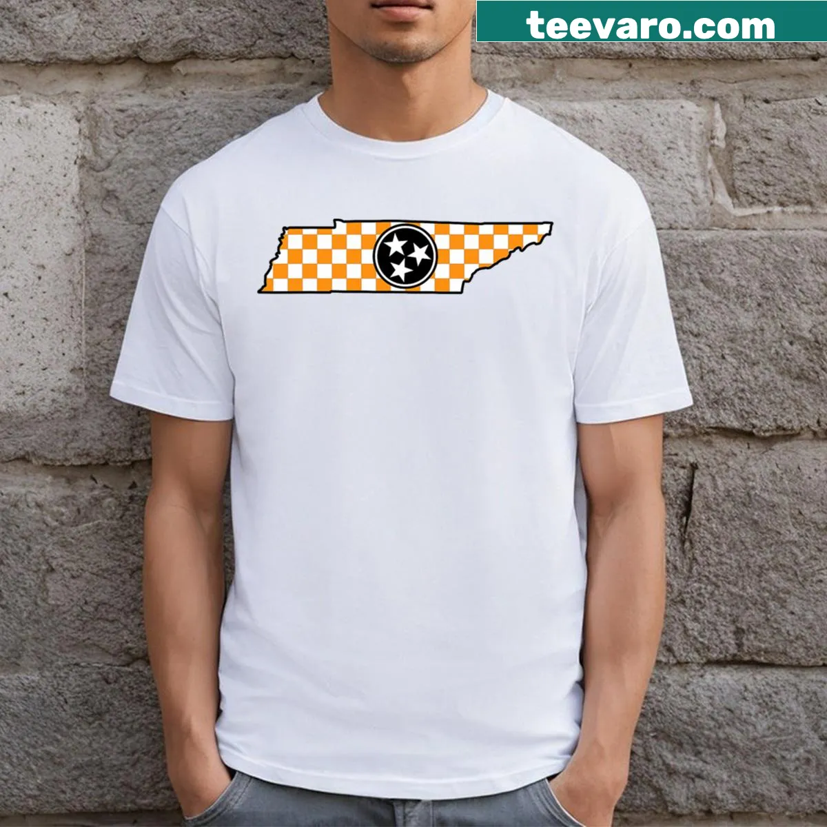 Tennessee T-shirt featuring checkerboard and tri-star emblem — on a men's t-shirt