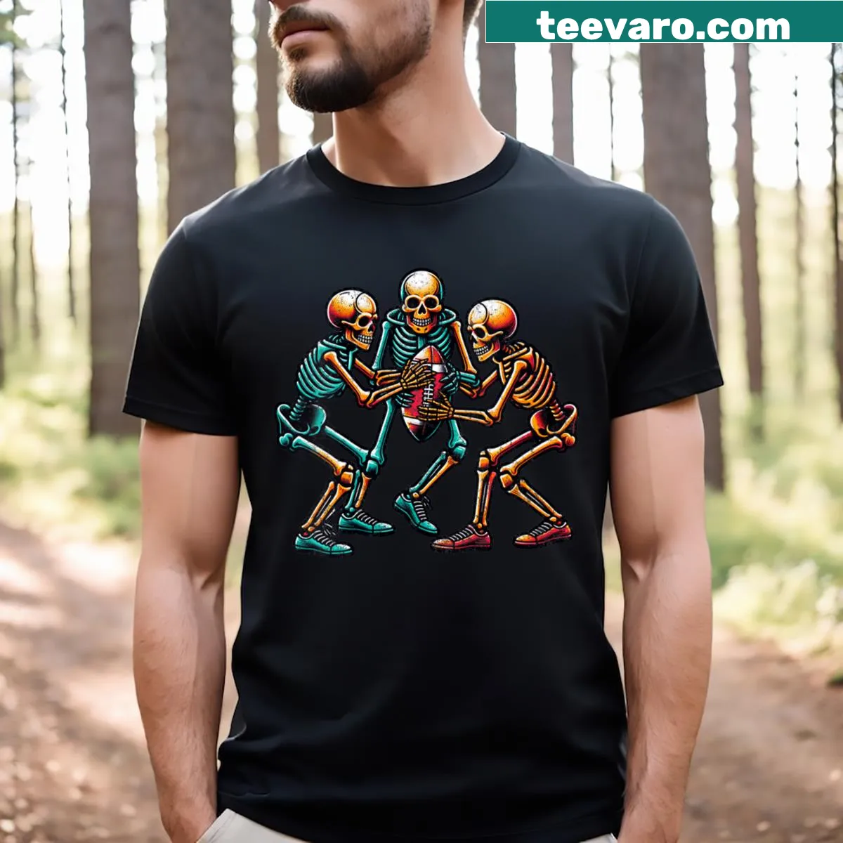 Women's Halloween T-shirt featuring skeletons and football graphics — on a men's t-shirt