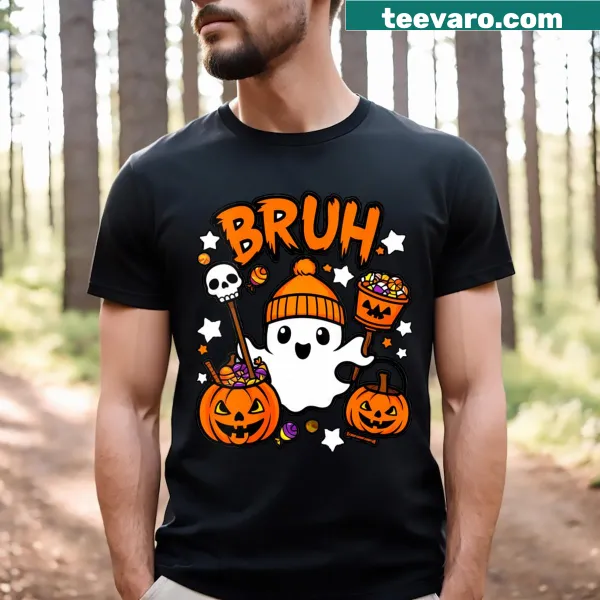 Cute ghost graphic t-shirt for Halloween with 'Bruh' text