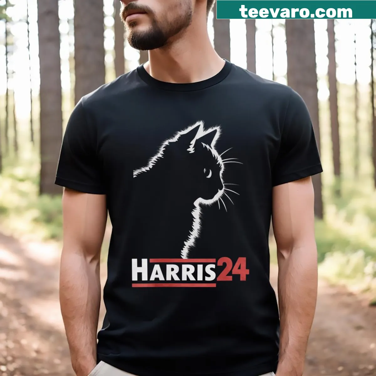 V Neck t-shirt supporting Kamala Harris with cat-themed typography — on a men's t-shirt