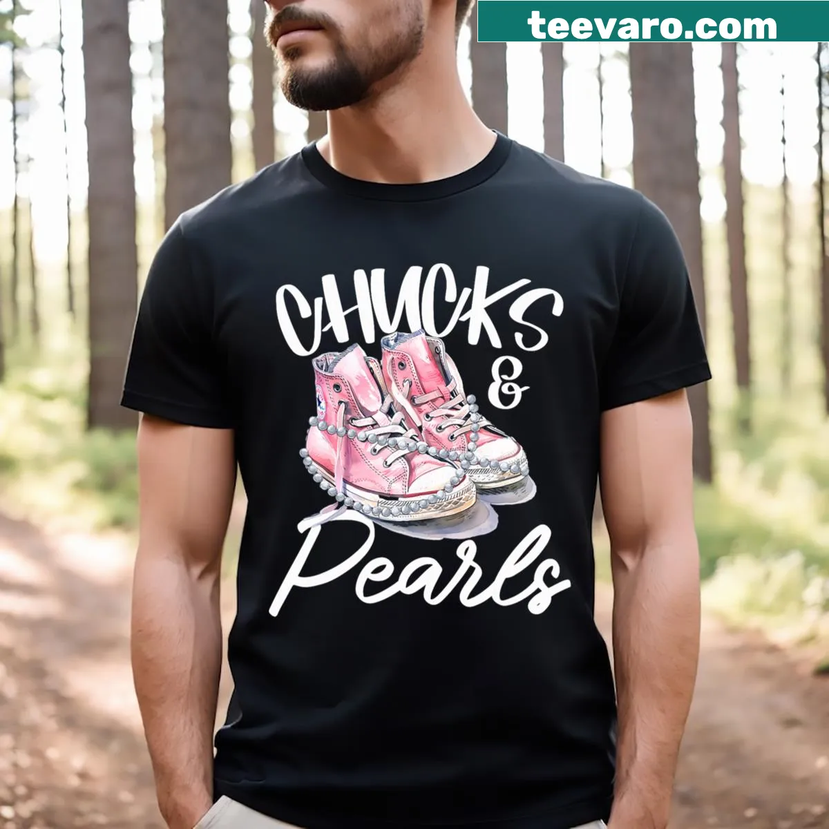 Kamala Harris 2024 T-shirt with 'Chucks and Pearls' theme — on a men's t-shirt