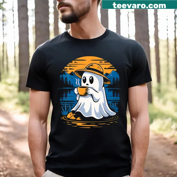 Cute ghost holding iced coffee design on women's V-neck T-shirt.