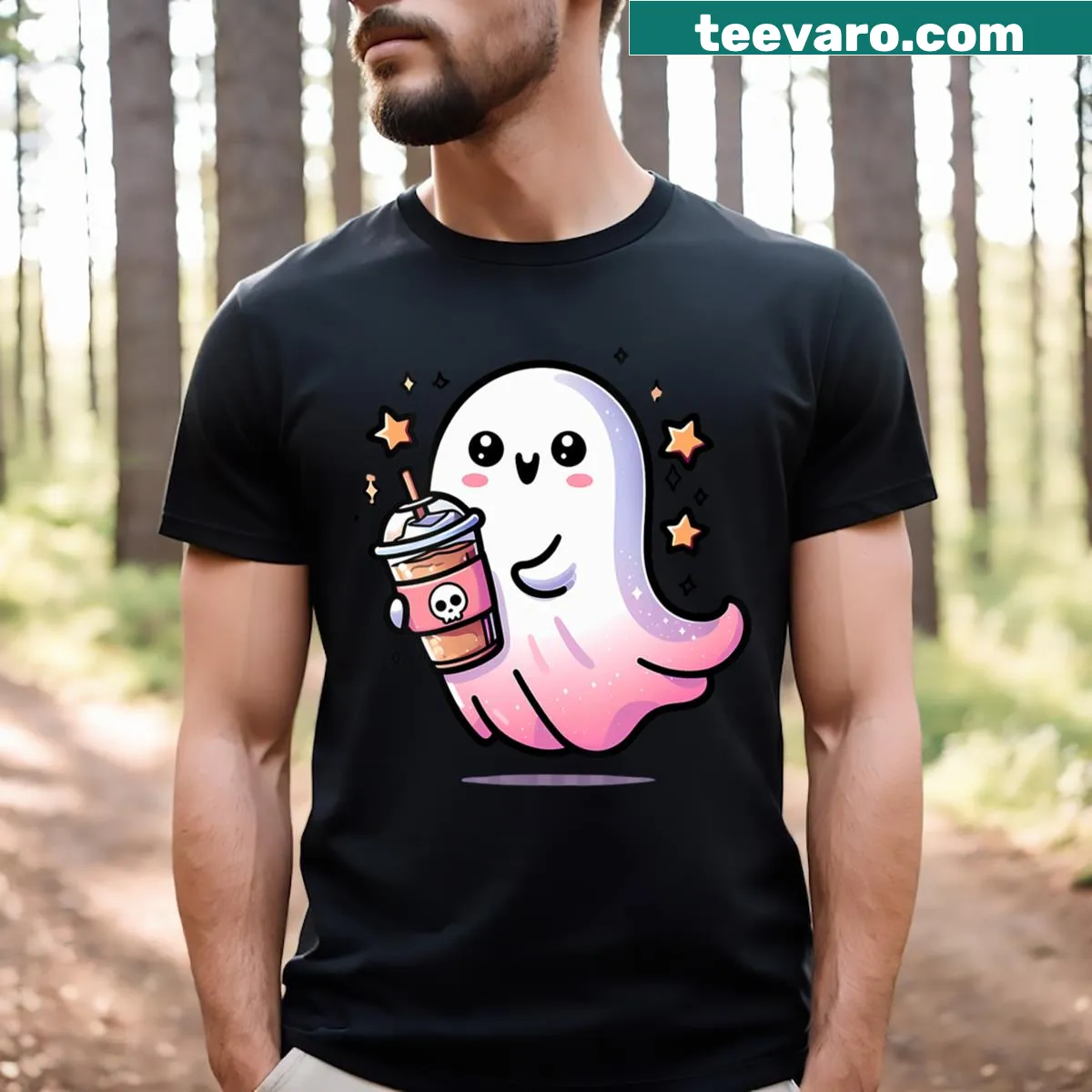 Cute ghost design with coffee for Halloween on a V-neck shirt — on a men's t-shirt