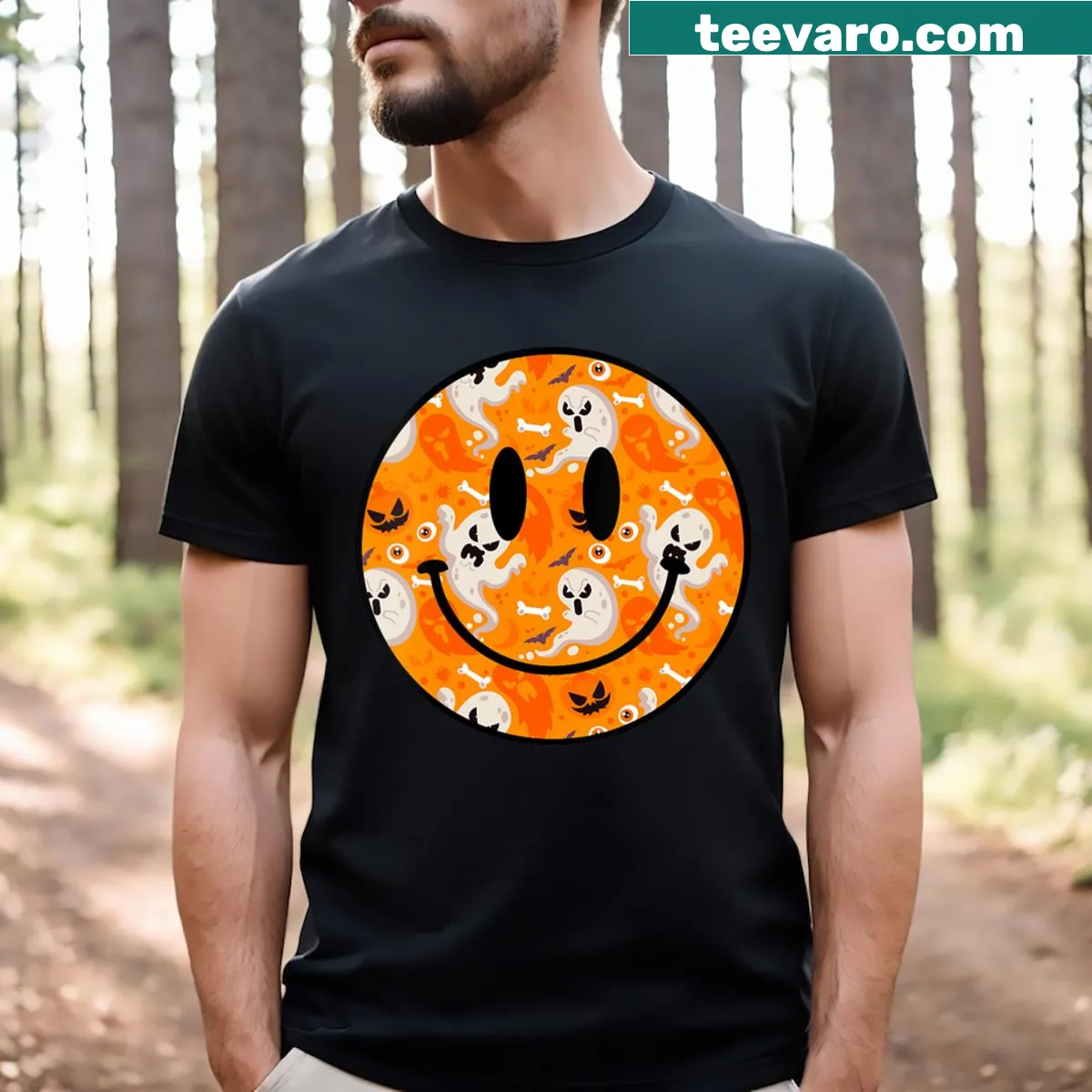 Cute shirt with smiling cartoon ghosts for Halloween — on a men's t-shirt