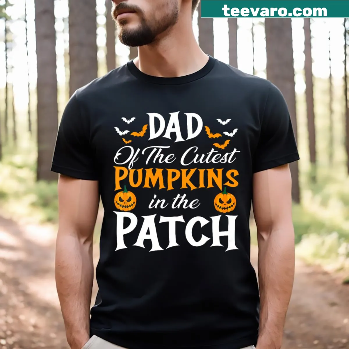 Playful shirt for dads with pumpkins design for Halloween — on a men's t-shirt