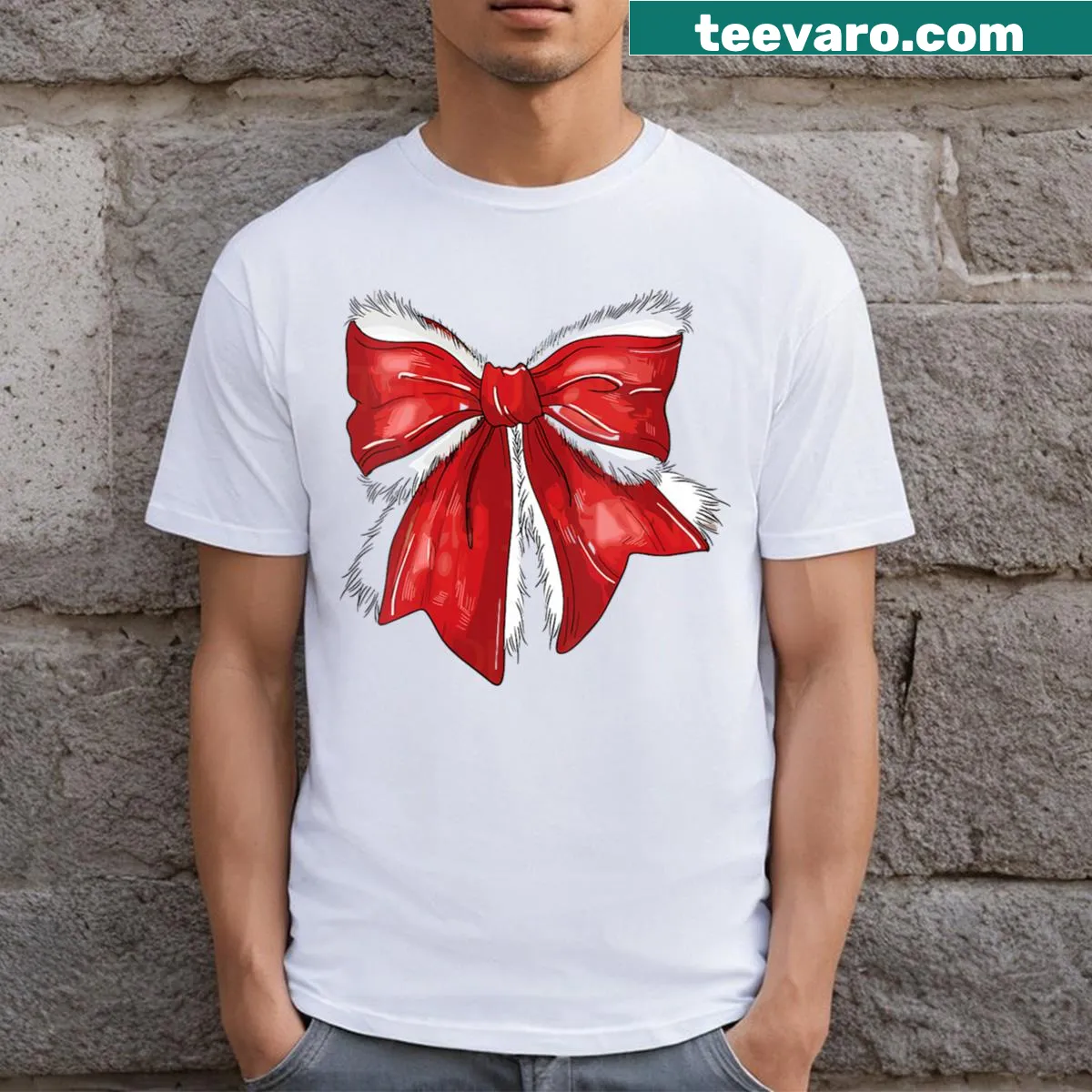 Retro Christmas T-shirt with bows and 'Merry Christmas' text — on a men's t-shirt