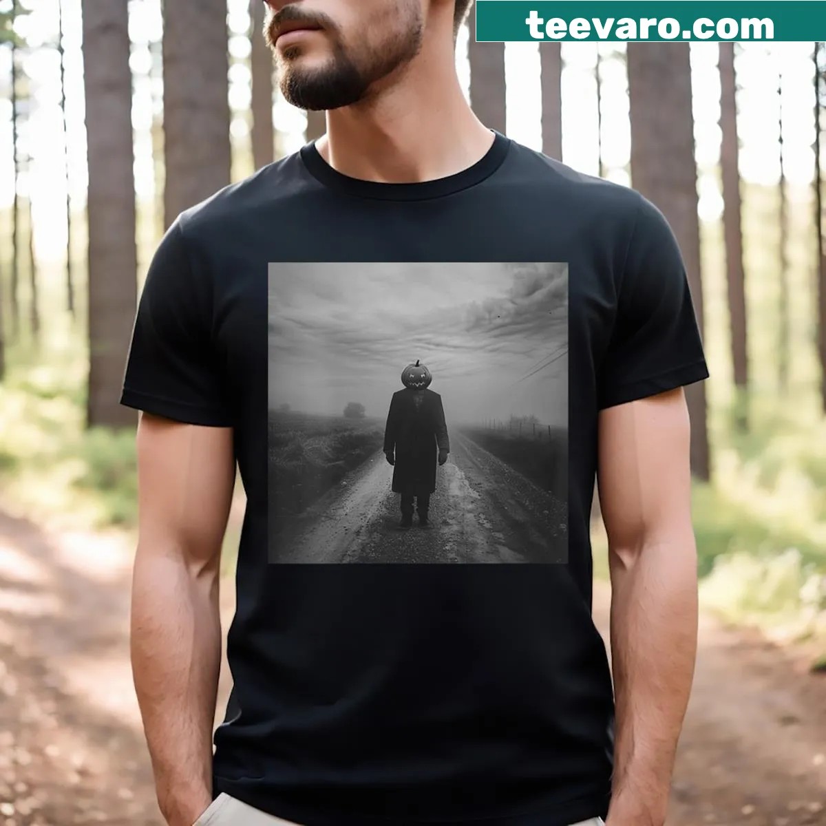 Illustrated scary pumpkin head Halloween shirt — on a men's t-shirt