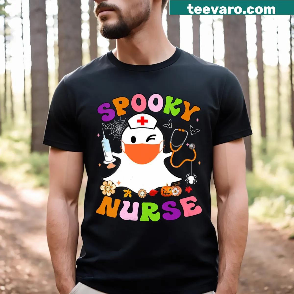Ghost-themed V-neck T-shirt for nurses with 'Nurse Squad' text — on a men's t-shirt