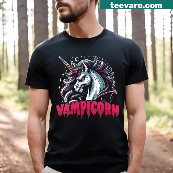 V-neck T-shirt with vampire unicorn design for Halloween