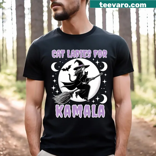 V-neck T-shirt with cats and a clever reference to Kamala for Halloween