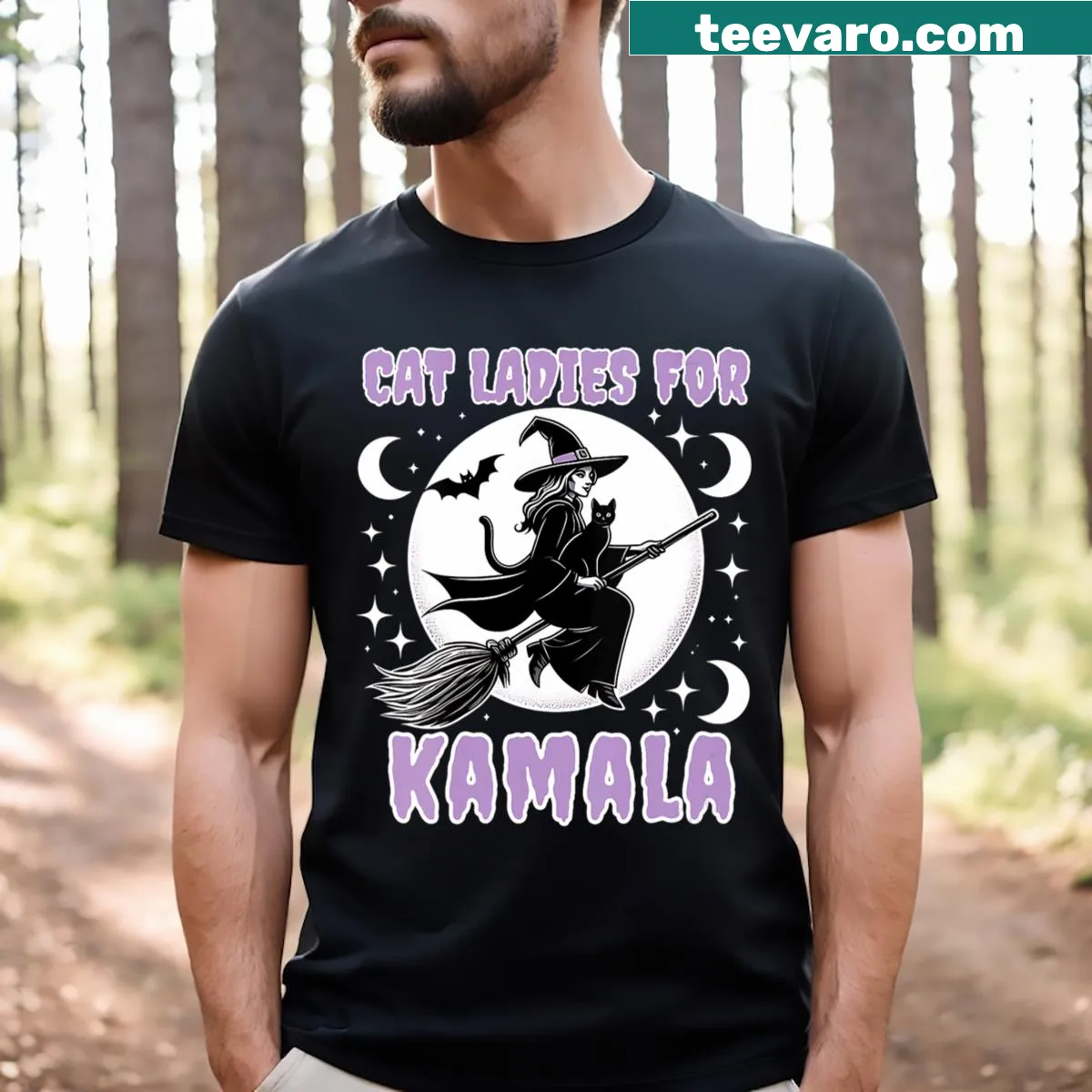 V-neck T-shirt with cats and a clever reference to Kamala for Halloween — on a men's t-shirt
