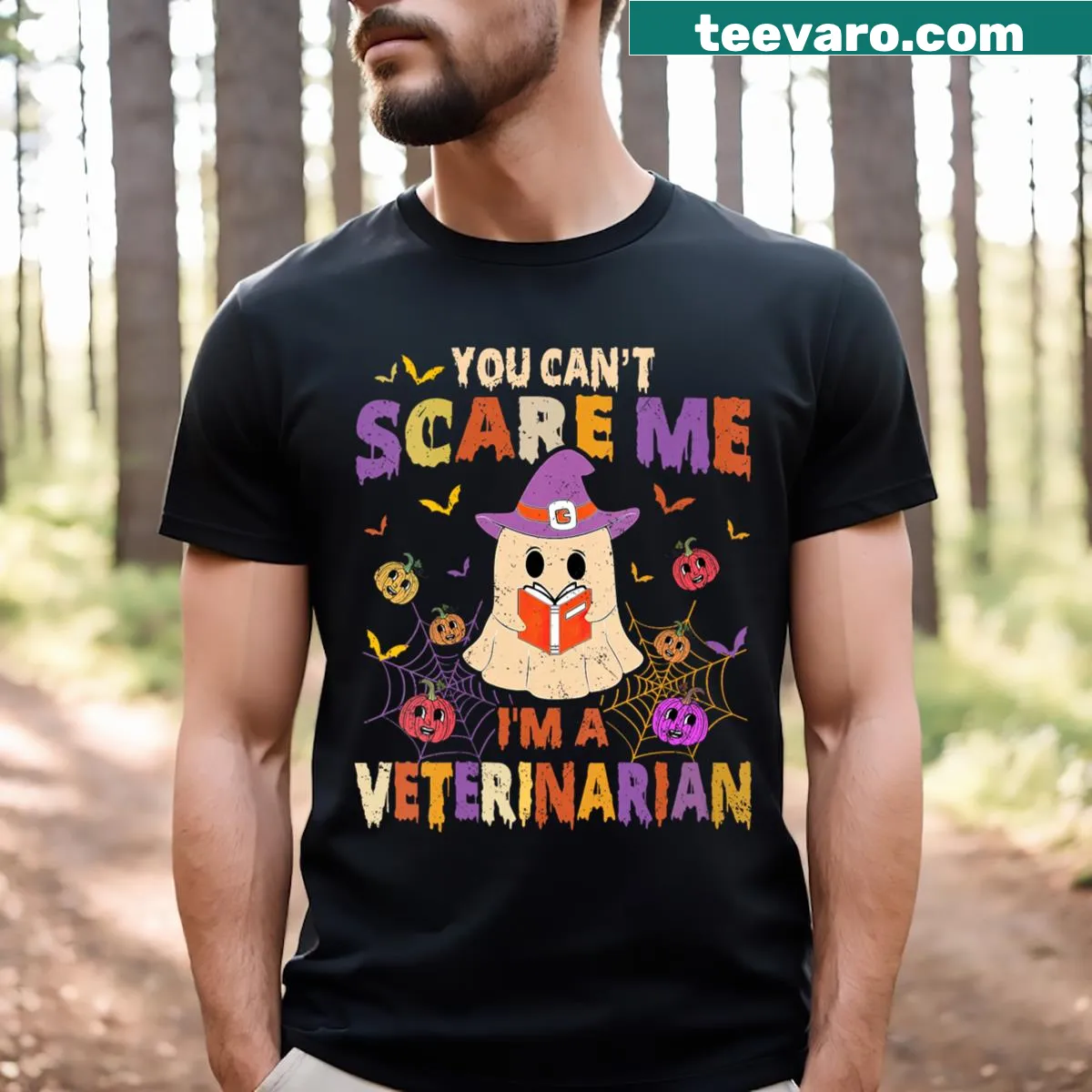 Veterinarian-themed Halloween V-neck T-shirt with funny text — on a men's t-shirt