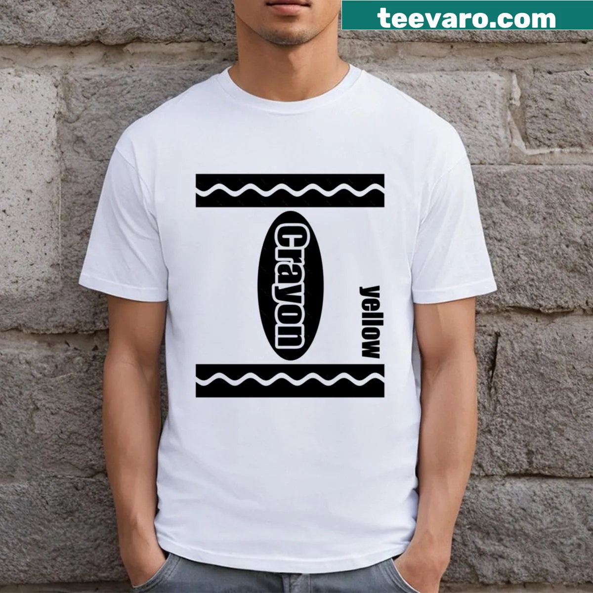 Yellow crayon costume t-shirt for men — on a men's t-shirt
